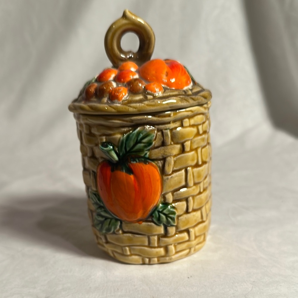Lefton Basket Weave Ceramic Jelly Jar, Fruit Motif/Made in Japan # 5283
VINTAGE